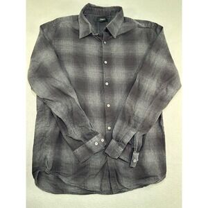 Theory Irving Flanella Check Shirt Mens Large Grey Black Plaid Cotton Button Up